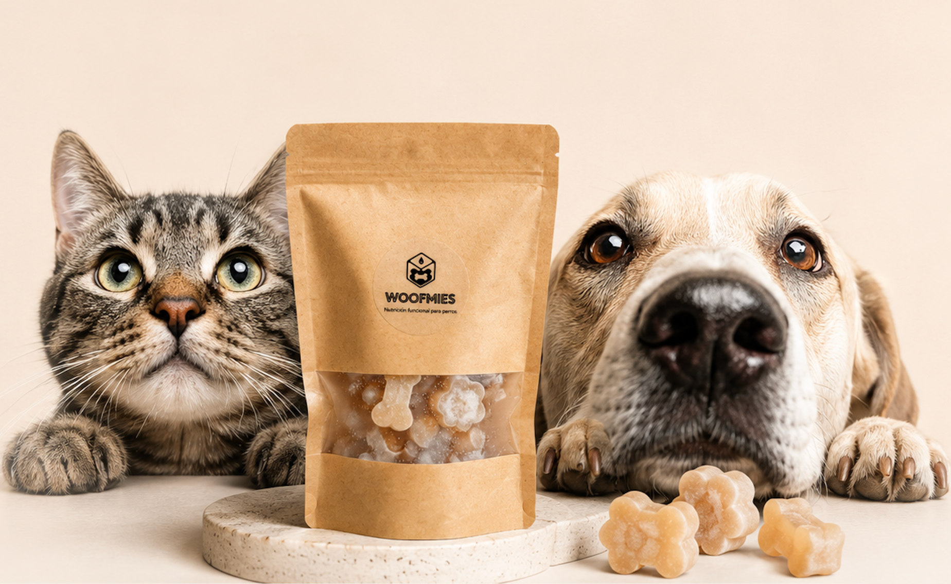 Gato y perro junto a la bolsa de Woofmies